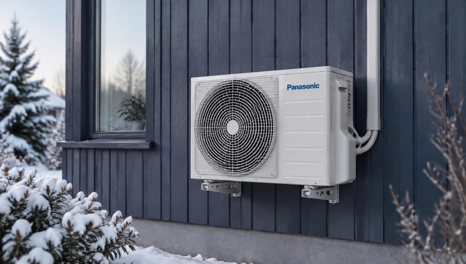 Panasonic luftvärmepump installerad på husfasad i vinterlandskap
